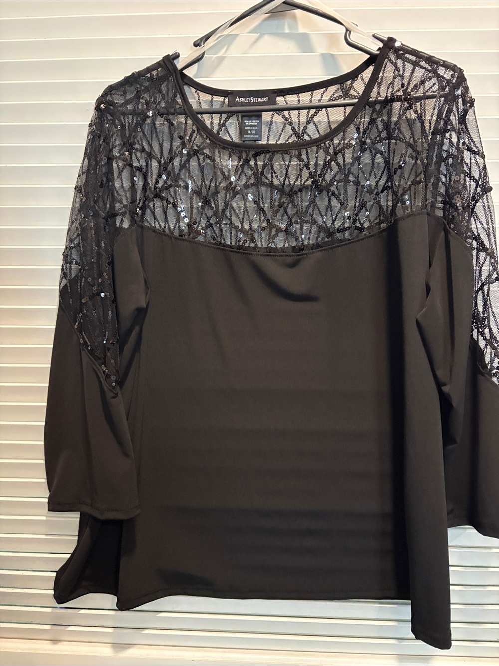Ashley Stewart Black Sequin Mesh Yoke Long Sleeve Top